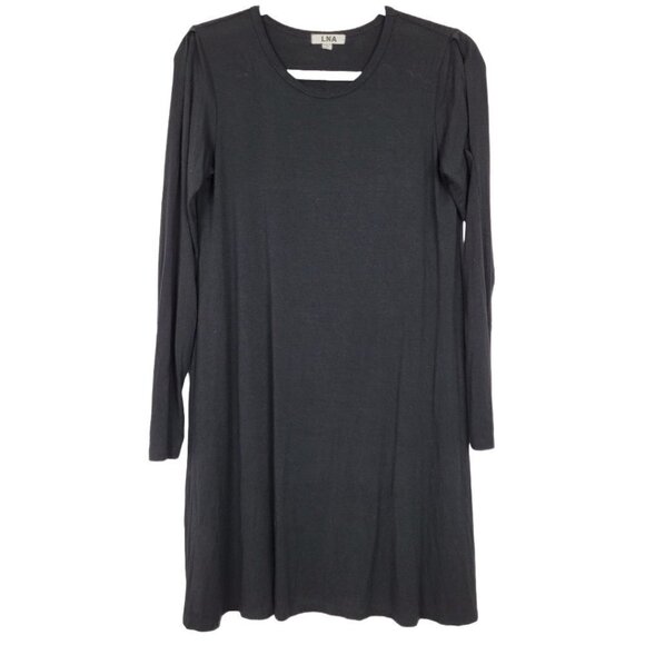 LNA Black Cold Shoulder Stretch Knit Pull On Long Sleeve Shift Dress S - Picture 1 of 8